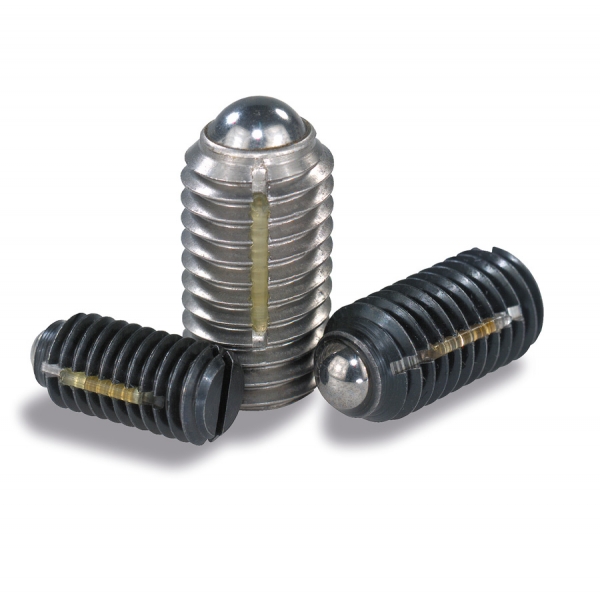 Spring plunger "Long-Lok" secured, bead and slot